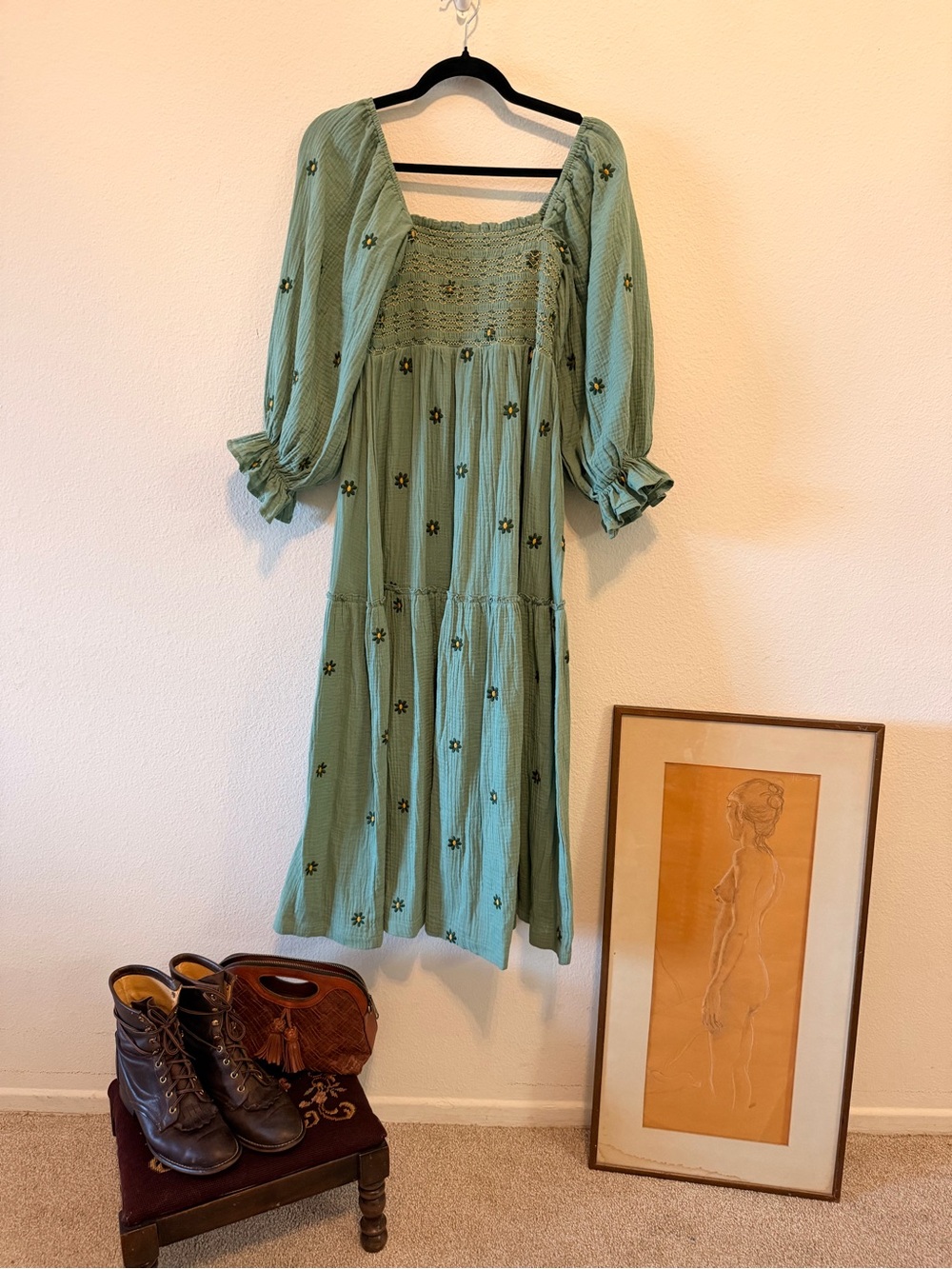 Pink Lily Sage Green Smocked Maxi Dress with Puff Sleeves